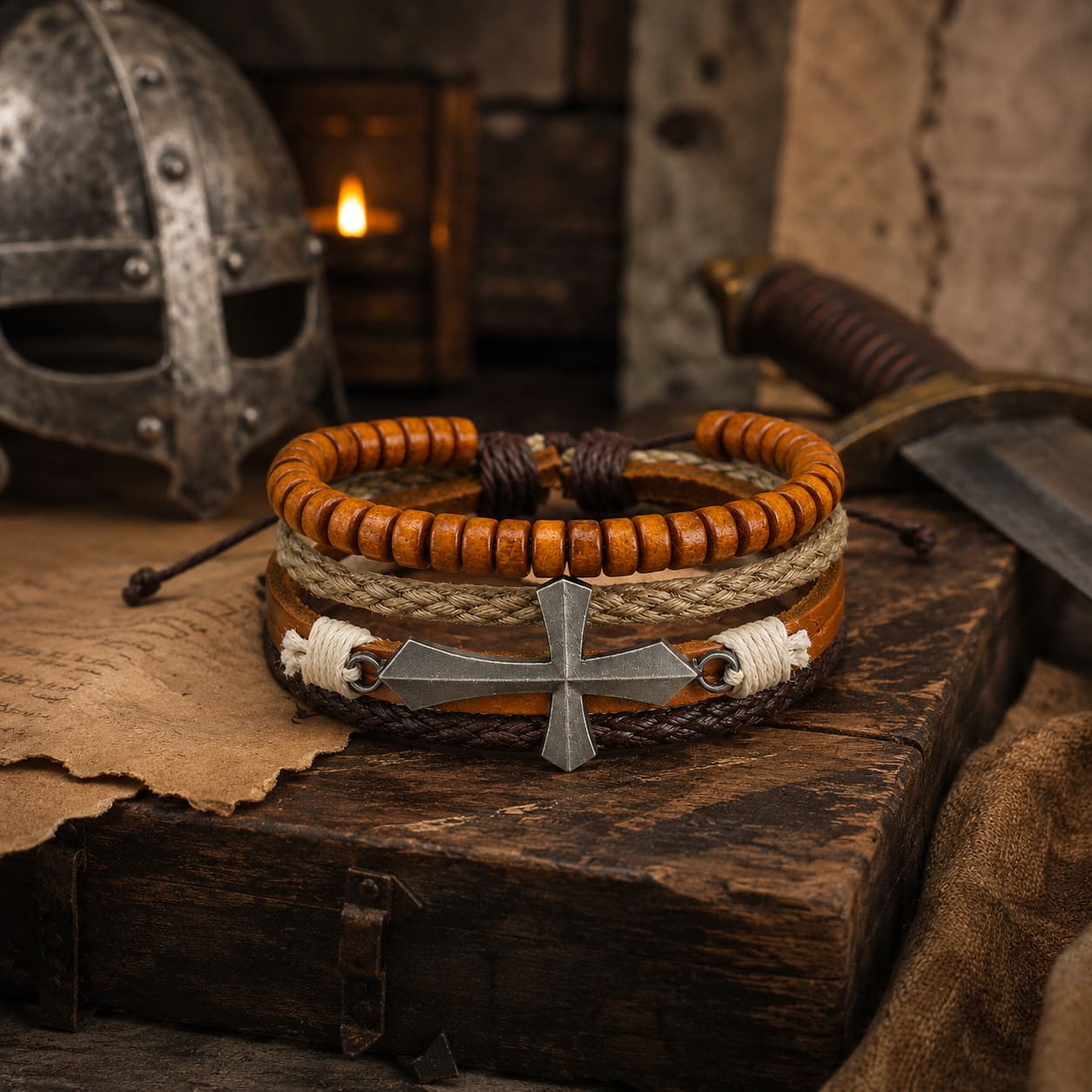 Bracelet du Moine Templier présenté dans un décor médiéval avec bois ancien, parchemin, casque et épée