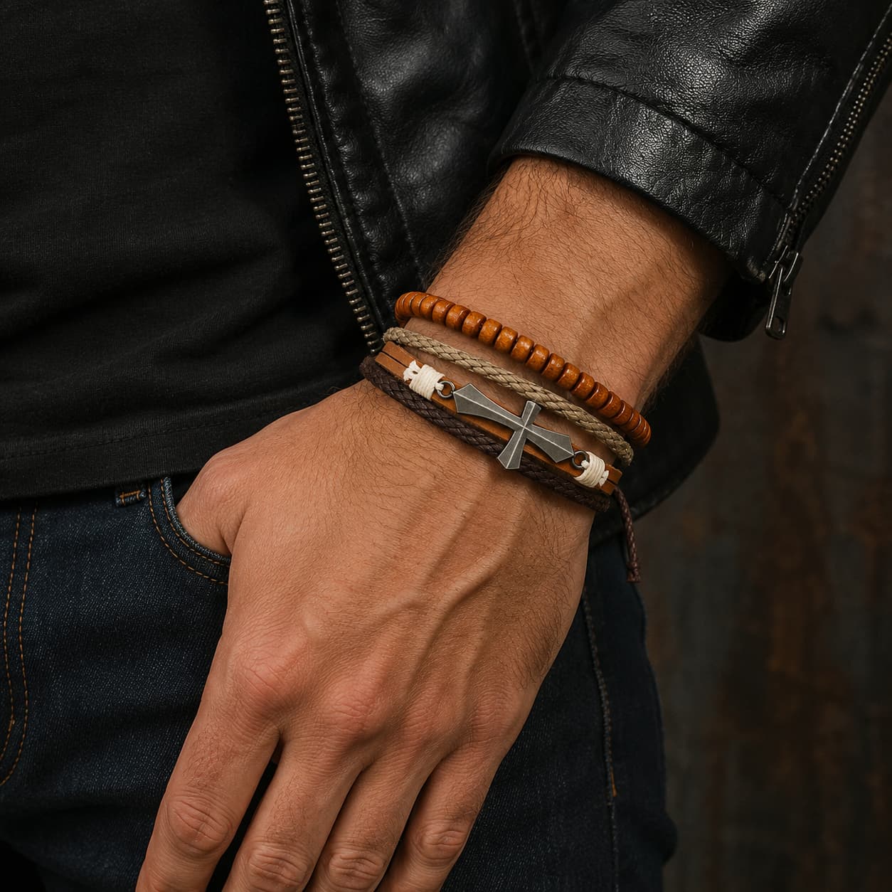 Bracelet du Moine Templier porté par un homme avec veste en cuir noir et jean brut