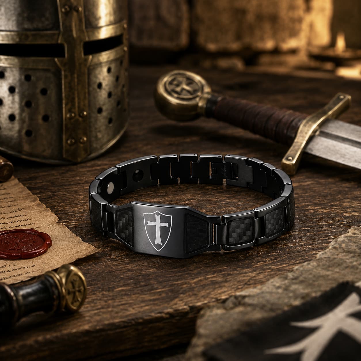 Bracelet Noir du Croisé en acier inoxydable dans un décor médiéval avec casque, épée et parchemin