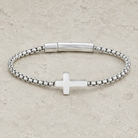 Bracelet du Pacte Sacré en acier inoxydable avec chaîne argentée et croix sur pierre médiévale claire