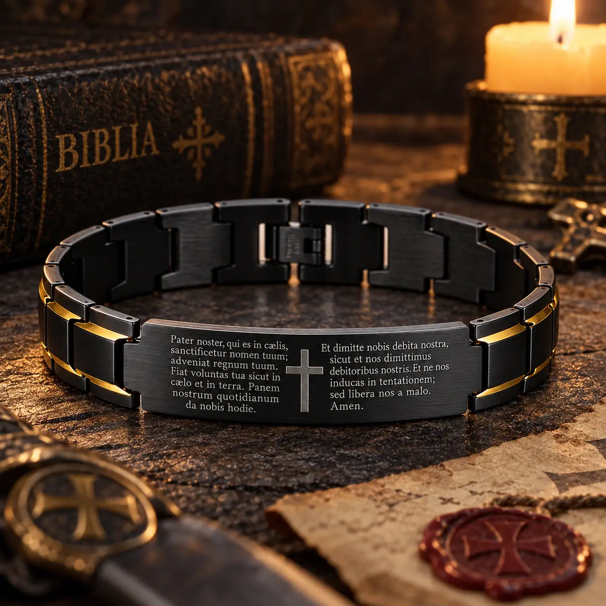 Bracelet du Pater Noster Sacré en acier noir et or dans une ambiance sacrée et chevaleresque