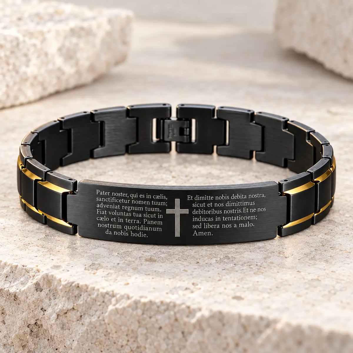 Bracelet du Pater Noster Sacré en acier inoxydable noir et or avec prière latine et croix sur fond pierre claire