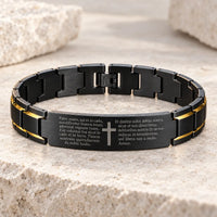Bracelet du Pater Noster Sacré en acier inoxydable noir et or avec prière latine et croix sur fond pierre claire