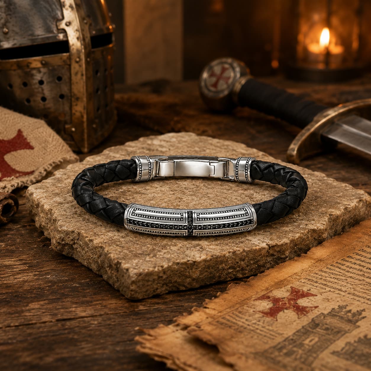 Bracelet du Primat Sacré en argent 925 sterling et cuir dans un décor médiéval avec casque, épée, parchemin et lumière chaude