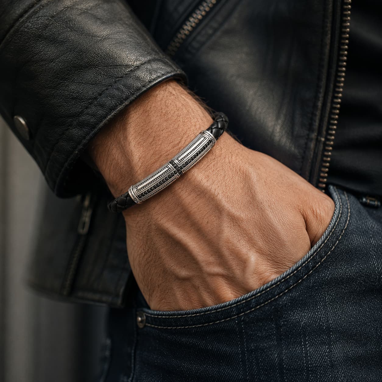 Bracelet du Primat Sacré en argent 925 sterling porté par un homme avec veste en cuir noir et jean brut