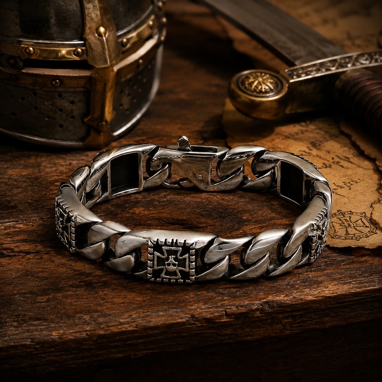 Bracelet Puissance des Templiers en acier inoxydable dans un décor médiéval avec casque, épée, parchemin et lumière chaude