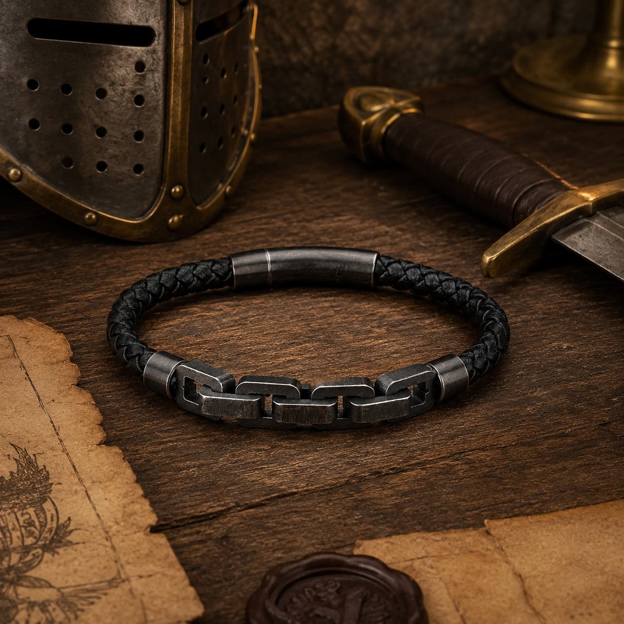 Bracelet de Robert de Craon en cuir tressé renforcé dans un décor médiéval avec casque, épée, parchemin et lumière chaude