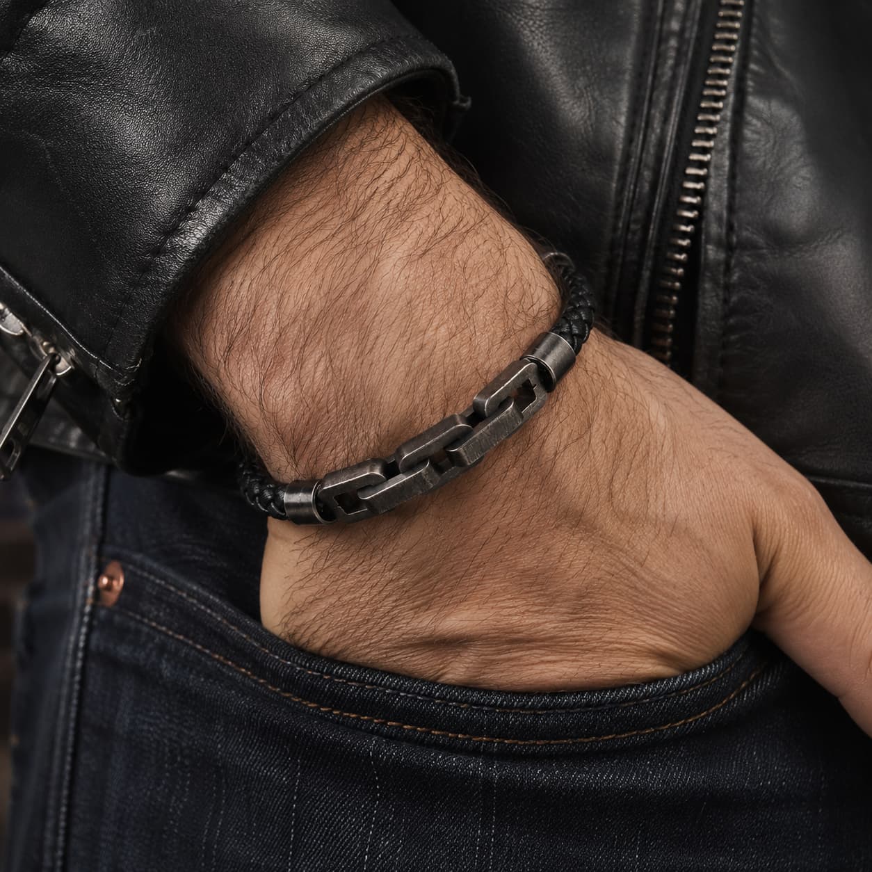Bracelet de Robert de Craon porté par un homme avec veste en cuir noir et jean brut