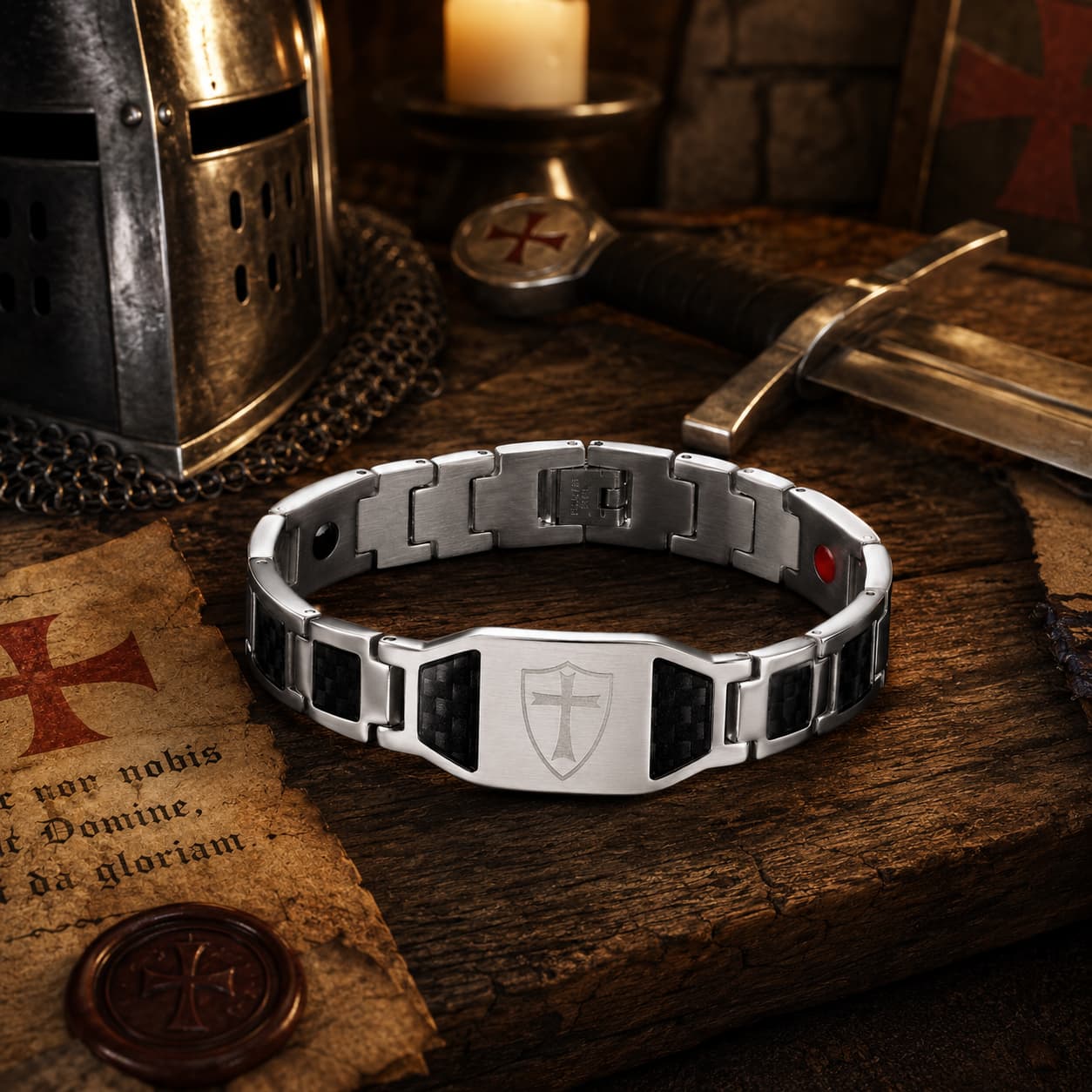 Bracelet du Sacre Templier en acier inoxydable premium dans un décor médiéval avec bois ancien, parchemin, casque et épée