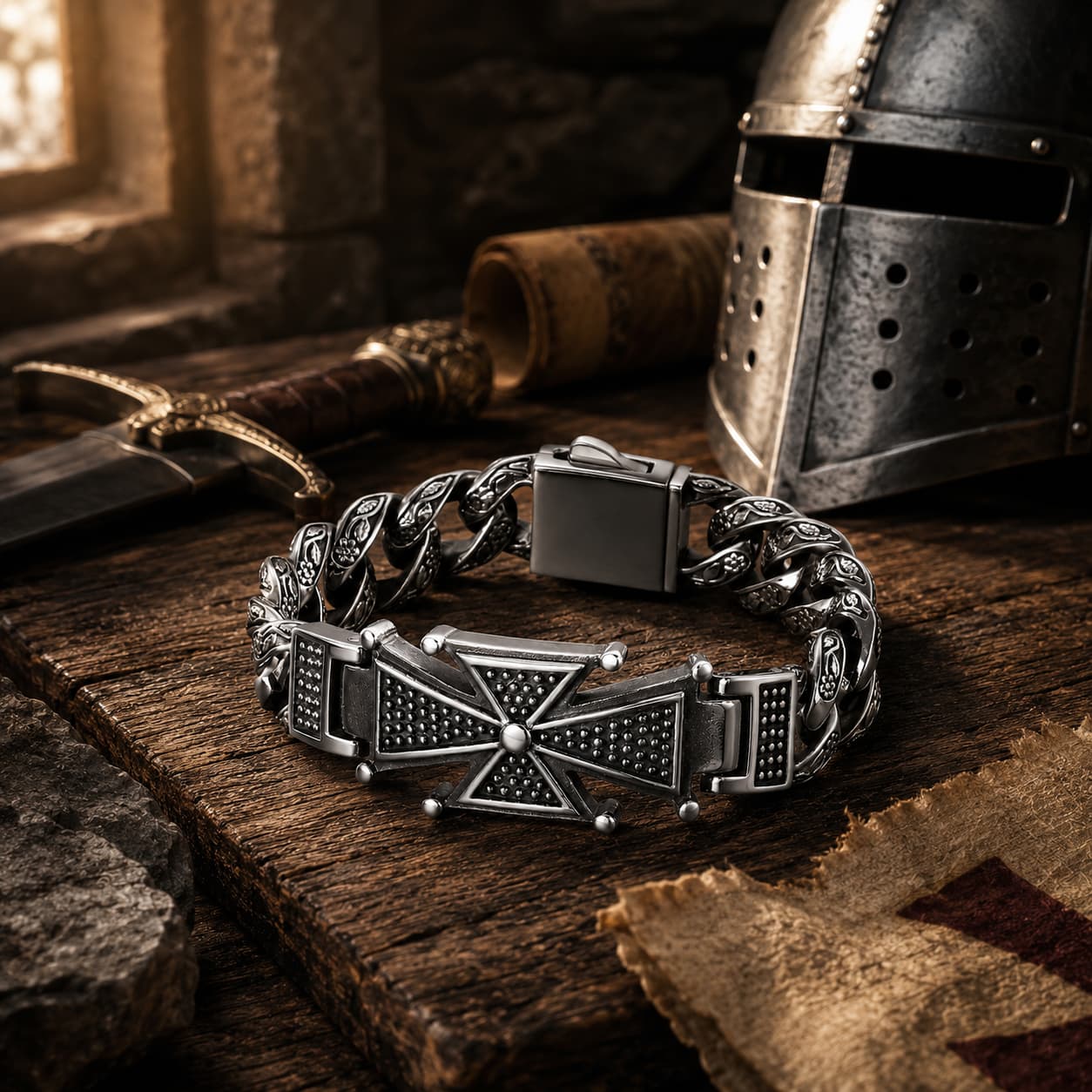 Bracelet de la Seigneurie en acier inoxydable dans un décor médiéval avec bois ancien, casque, épée et parchemin
