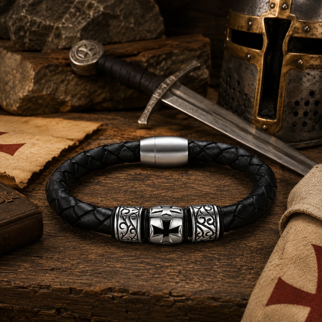 Bracelet du Templier Sage en cuir et acier inoxydable premium dans un décor médiéval avec bois ancien, parchemin, casque et épée