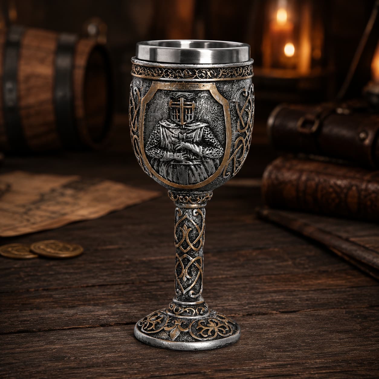 Calice du Festin Templier en résine et acier inoxydable présenté en vue angle sur une table en bois ancien sombre.