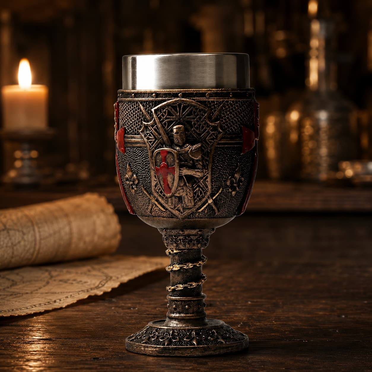 Calice du Grand Conseil Templier en variante bronze vieilli posé sur une table en bois sombre avec parchemin et lumière de bougie.
