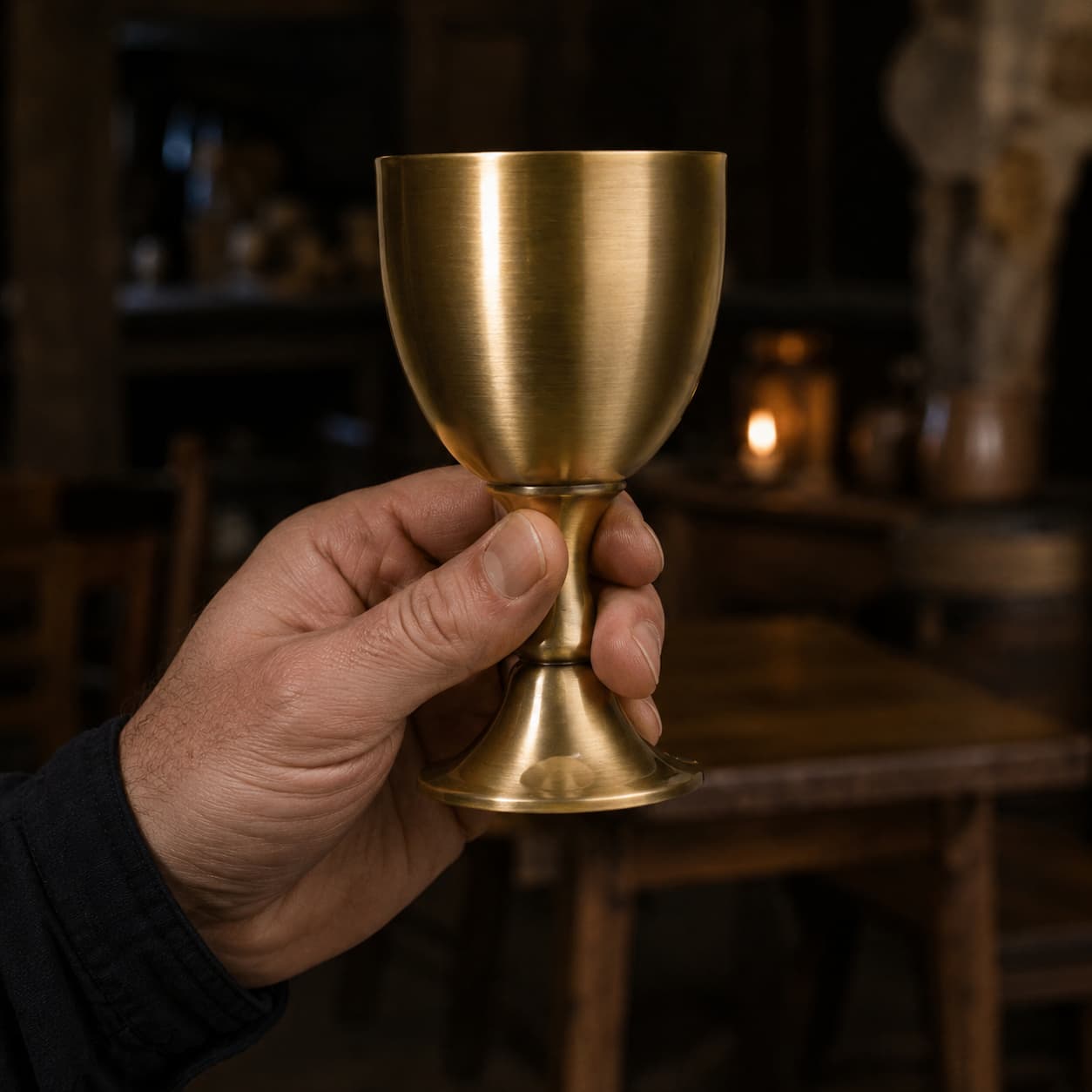 Calice du Sulpice en cuivre dans une ambiance de banquet médiéval avec bougie et parchemin.