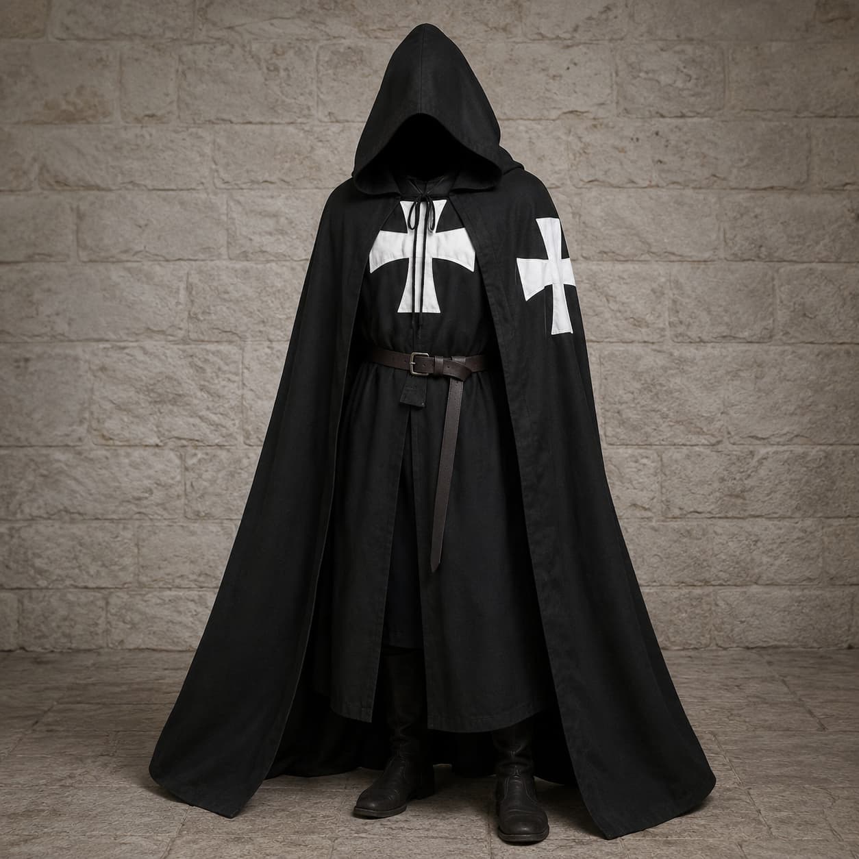 Cape de la Confrérie Templière en nylon noir avec croix blanches sur fond de pierre médiévale claire.