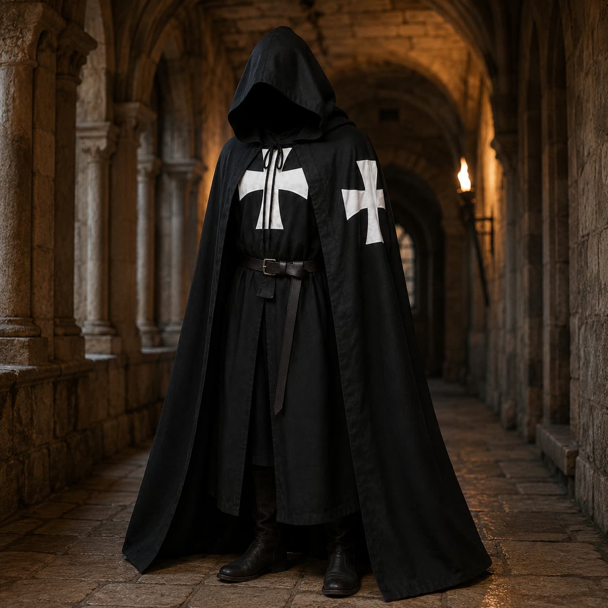 Cape de la Confrérie Templière en nylon noir portée dans un couloir médiéval avec lumière chaude.