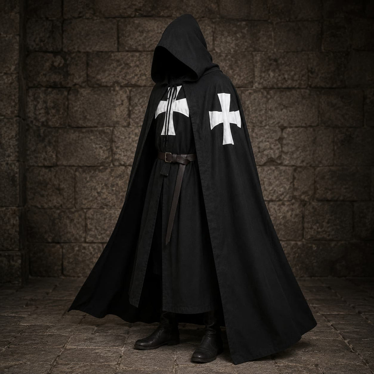 Cape de la Confrérie Templière en nylon noir portée de biais avec capuche et croix blanches sur fond de pierre sombre.