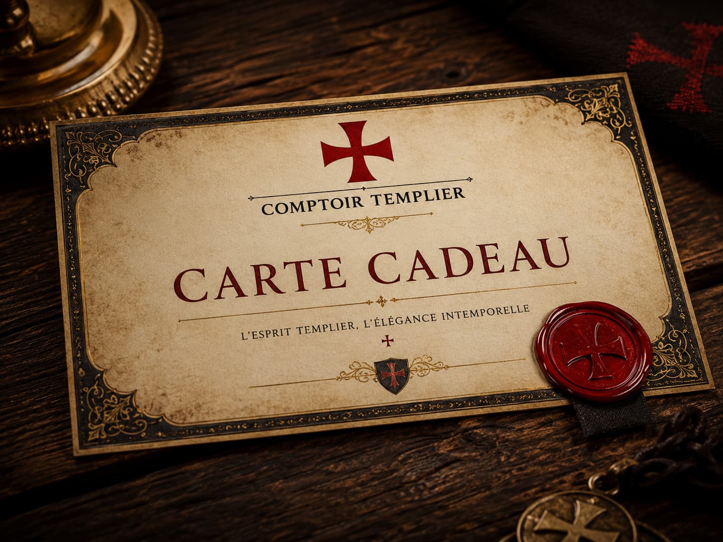 Carte cadeau Comptoir Templier sur parchemin médiéval avec sceau rouge et fond bois ancien