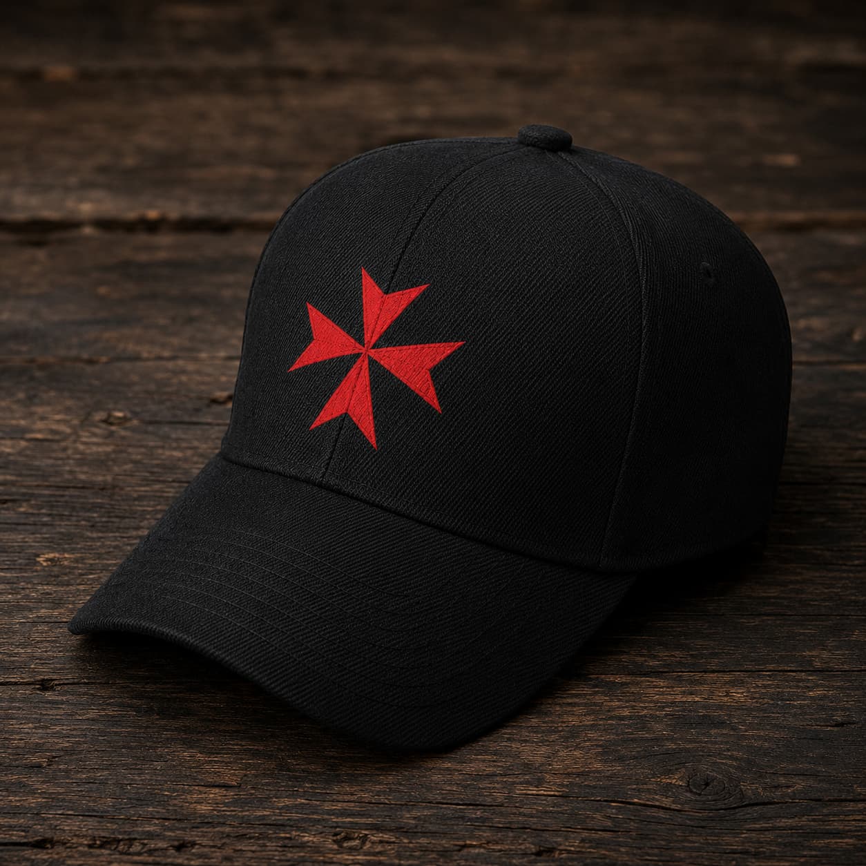 Casquette Croix de Malte en polyester et coton noir présentée sur un fond bois rustique.