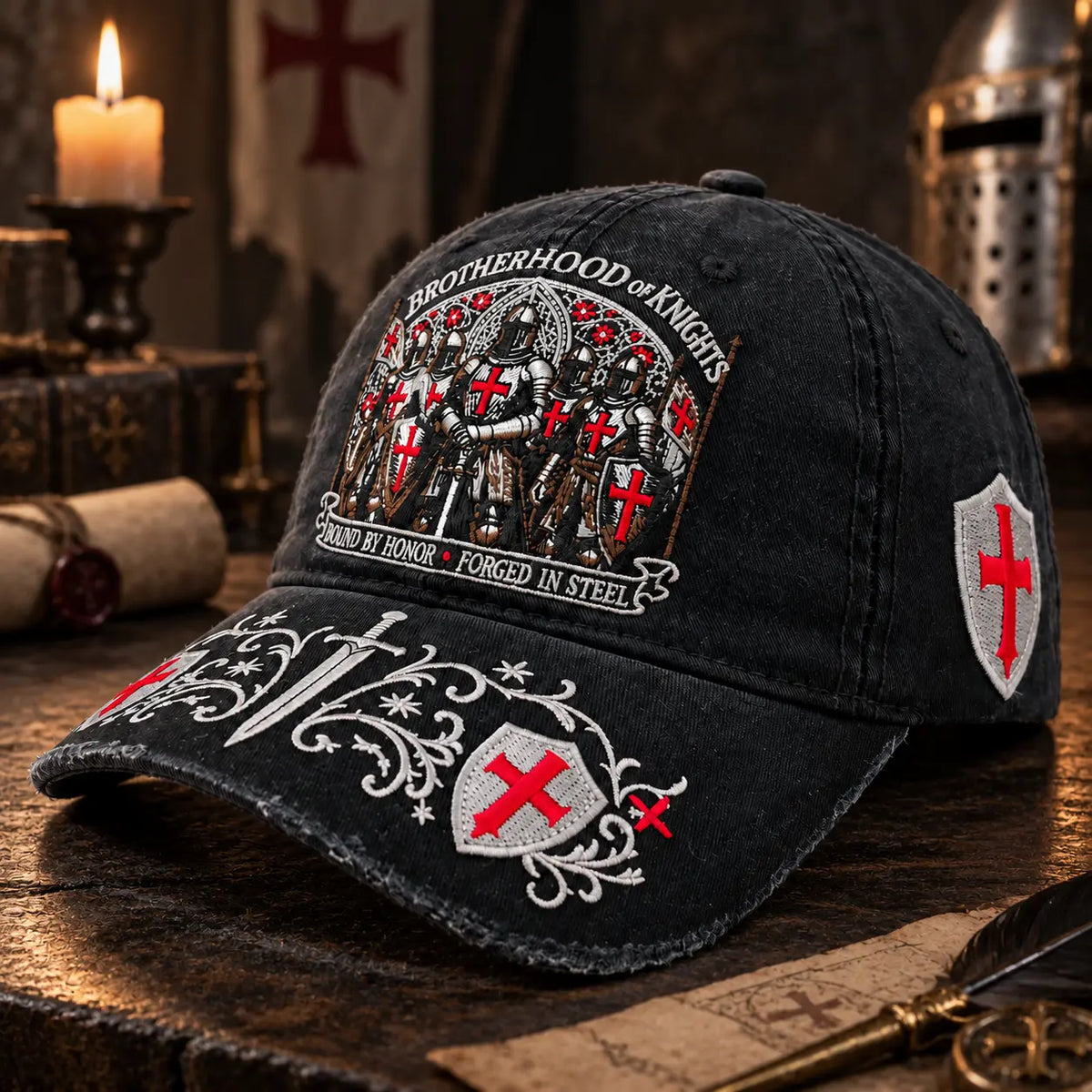 Casquette de la Fraternité Templière noire présentée dans une ambiance médiévale