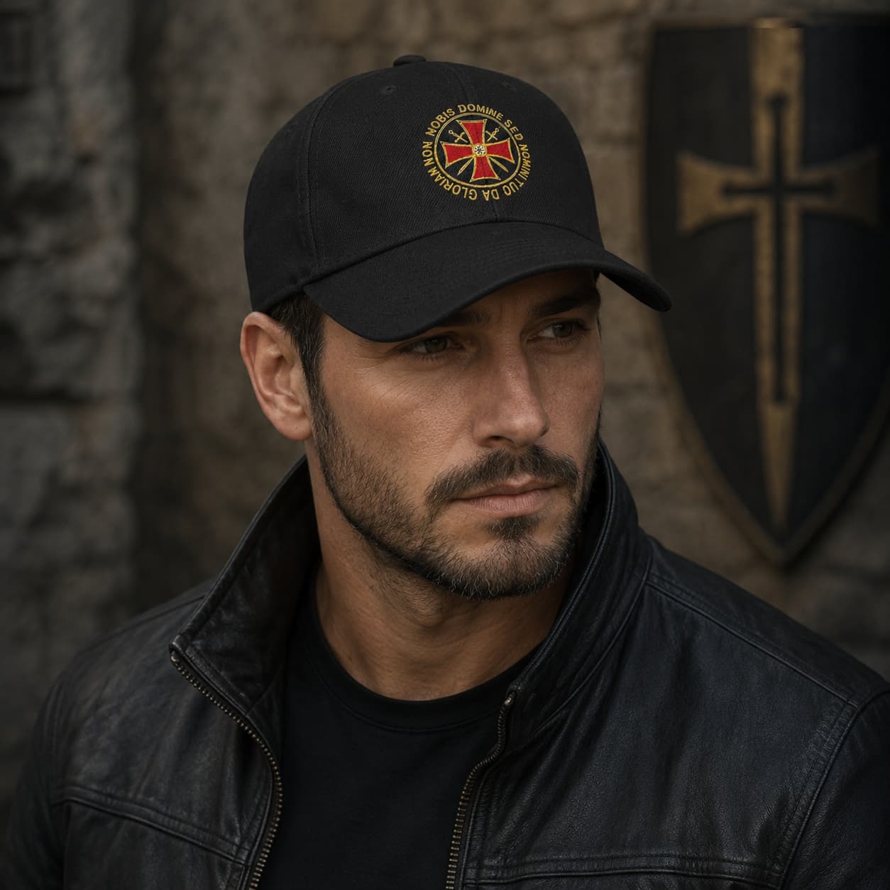 Casquette Non Nobis noire en polyester et coton portée par un homme avec veste noire.