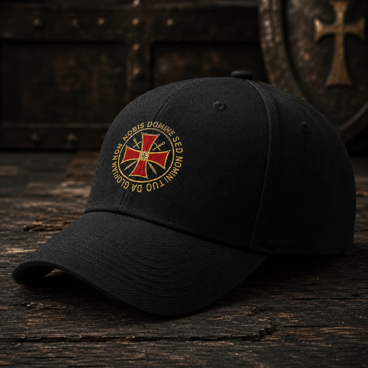 Casquette Non Nobis noire en polyester et coton vue en angle sur bois ancien sombre.