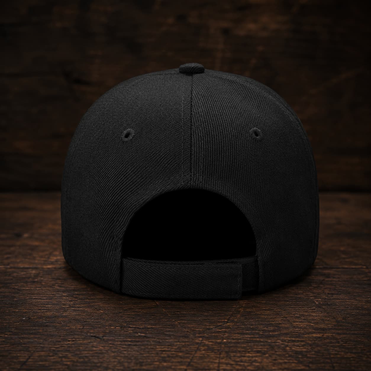 Vue arrière de la Casquette Non Nobis noire en polyester et coton avec fermeture réglable.