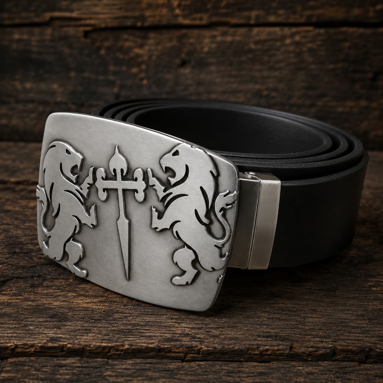 Ceinture Cœur de Lion en cuir noir avec boucle en alliage de zinc vue en angle sur bois ancien.