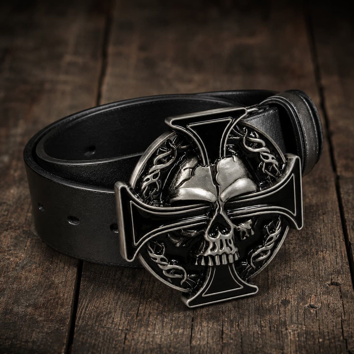 Ceinture Crâne Templier en cuir noir vue en angle avec boucle crâne et croix sur bois ancien.