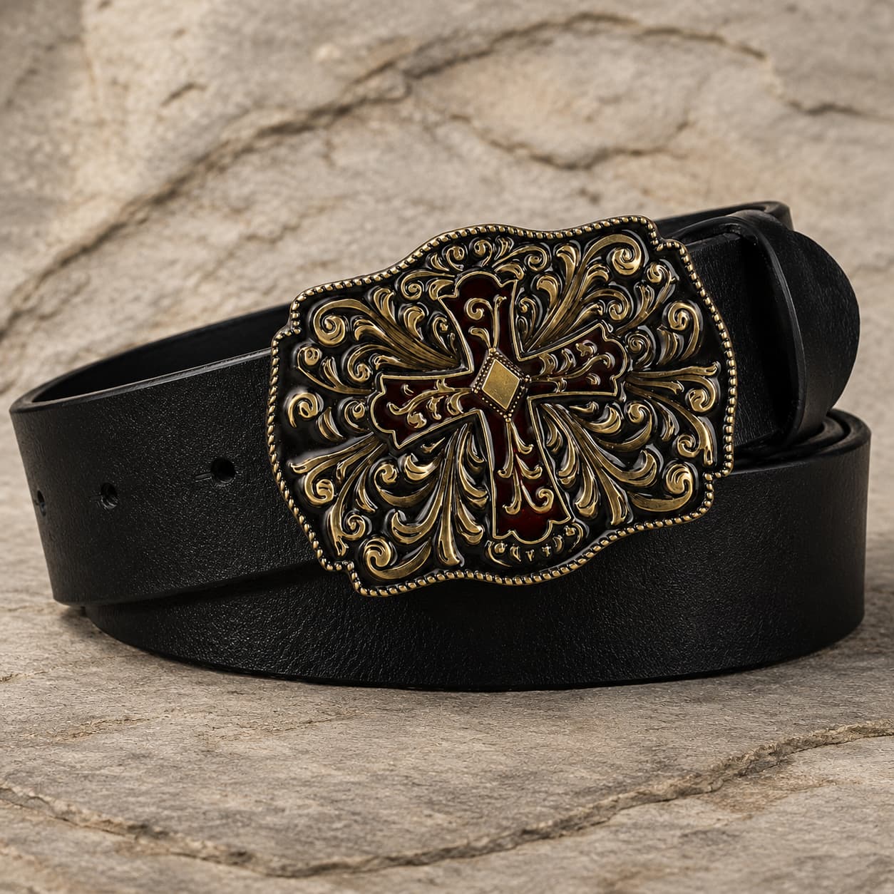 Ceinture du Sacre en cuir noir vue en angle avec boucle ornée sur pierre claire.