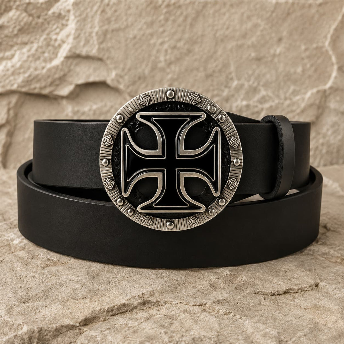 Ceinture du Siège en cuir noir avec boucle templière en acier inoxydable sur fond pierre médiévale claire.
