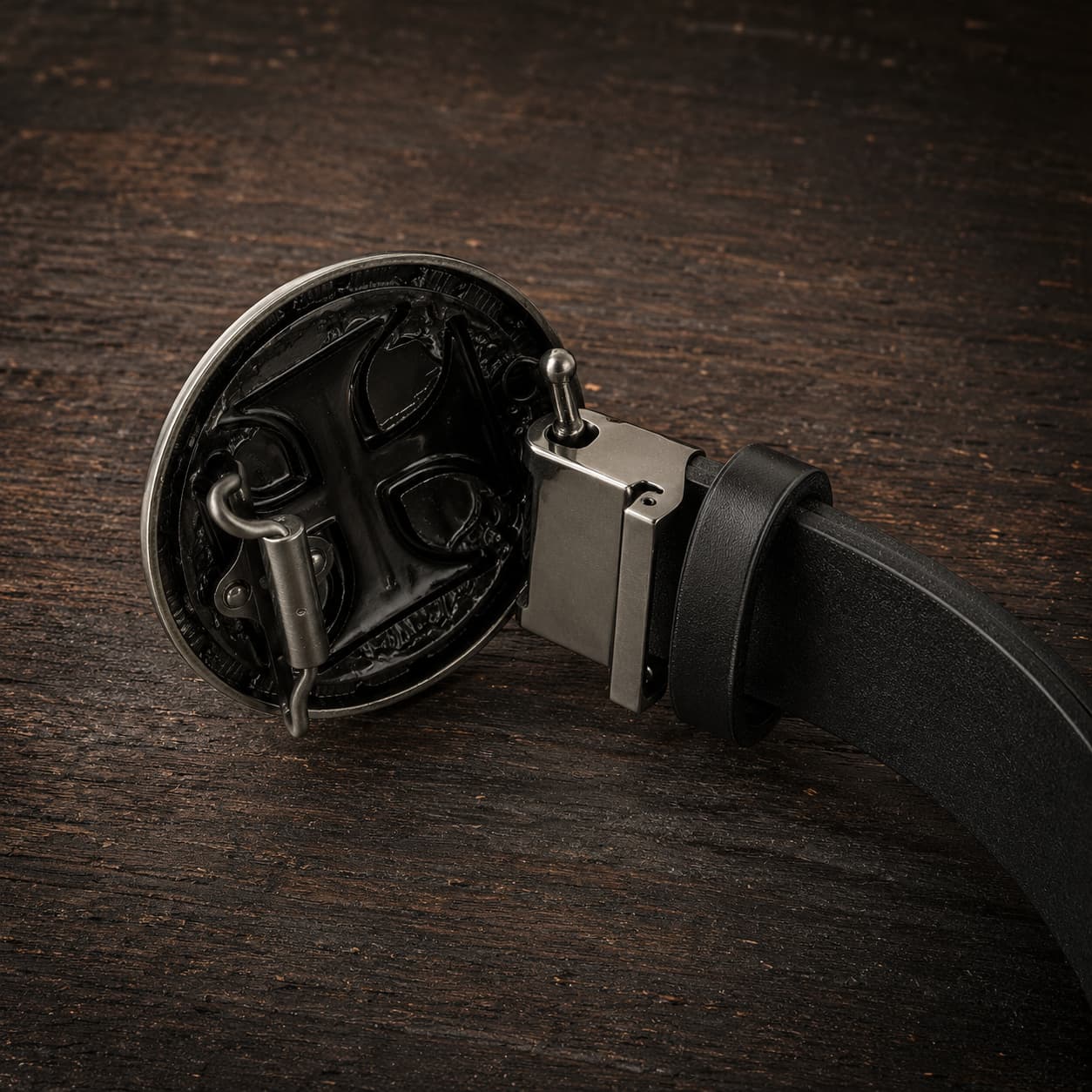 Vue arrière de la Ceinture du Siège en cuir et acier inoxydable montrant le système d’attache sur bois ancien.