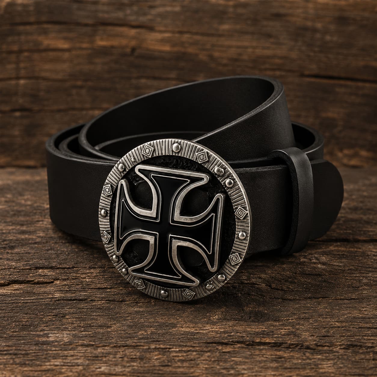Ceinture du Siège en cuir noir vue de trois quarts sur bois ancien avec boucle templière en acier inoxydable.