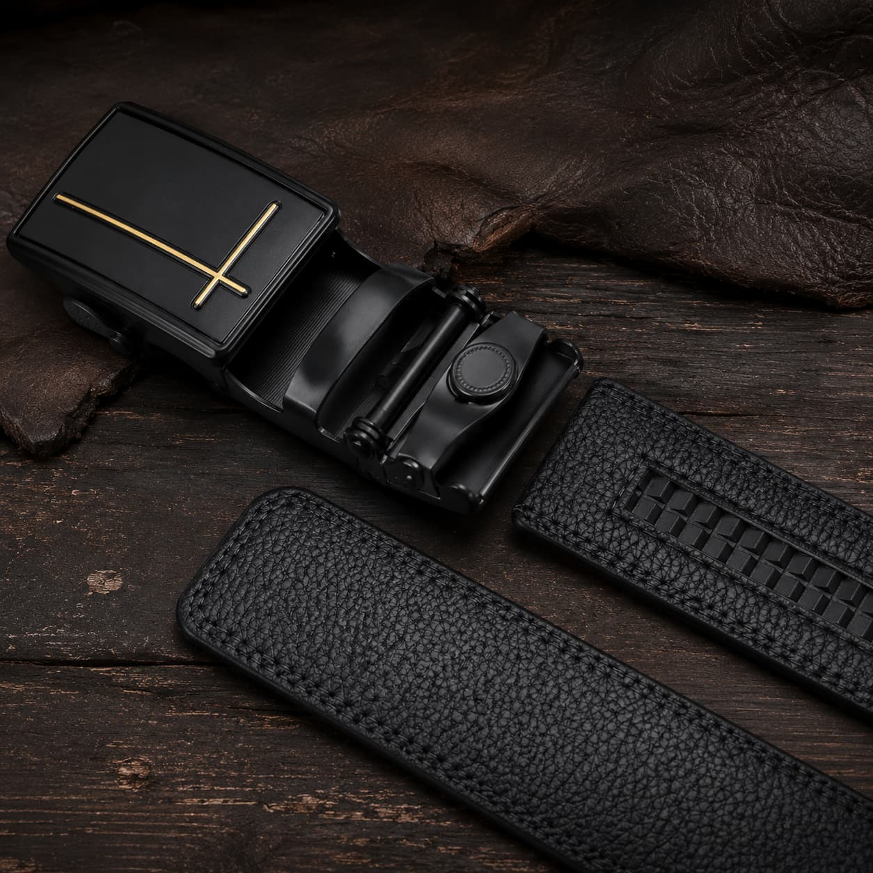 Détail du mécanisme automatique et de la texture cuir de la Ceinture de la Foi en cuir noir.