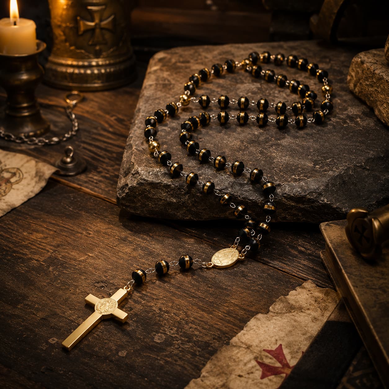 Chapelet de l’Ordre Sacré en acier inoxydable et perles haute qualité dans une ambiance médiévale avec bois ancien et lumière chaude.