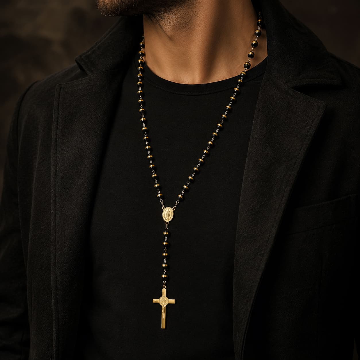 Homme portant le Chapelet de l’Ordre Sacré en acier inoxydable et perles haute qualité avec tenue noire dans une ambiance sobre et masculine.