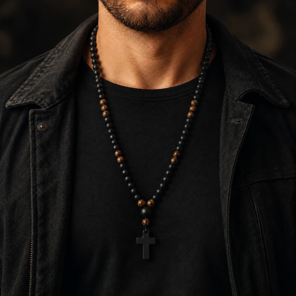 Homme portant le Chapelet du Moine en perles de pierre naturelle et bois avec tenue noire et veste sombre