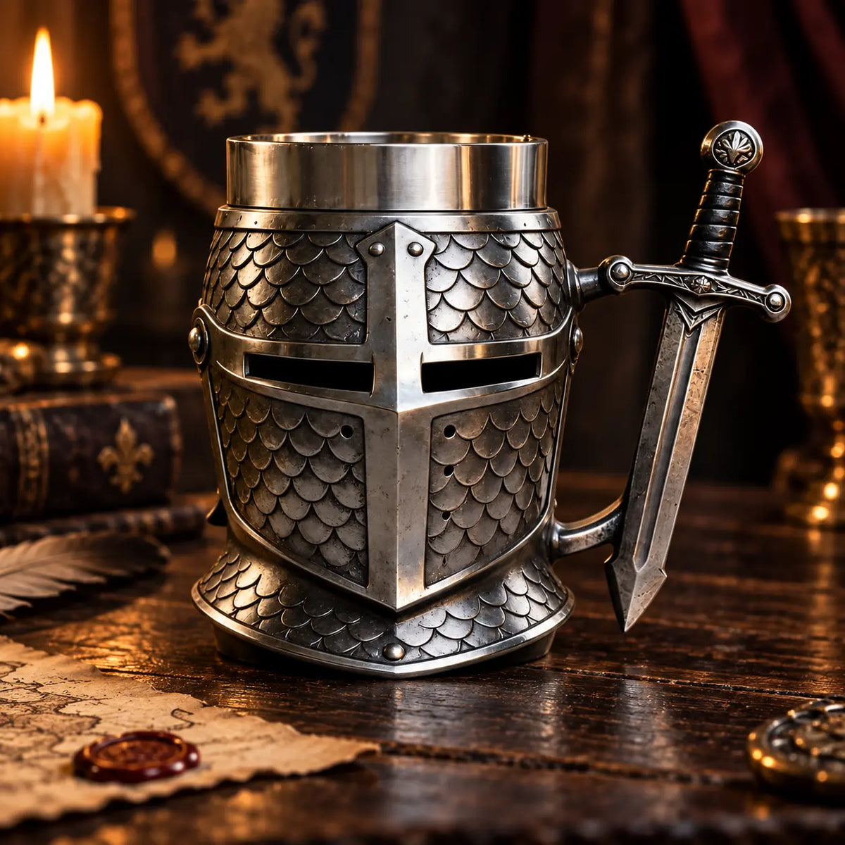 Chope casque de chevalier croisé dans une ambiance médiévale avec parchemin et décor de taverne
