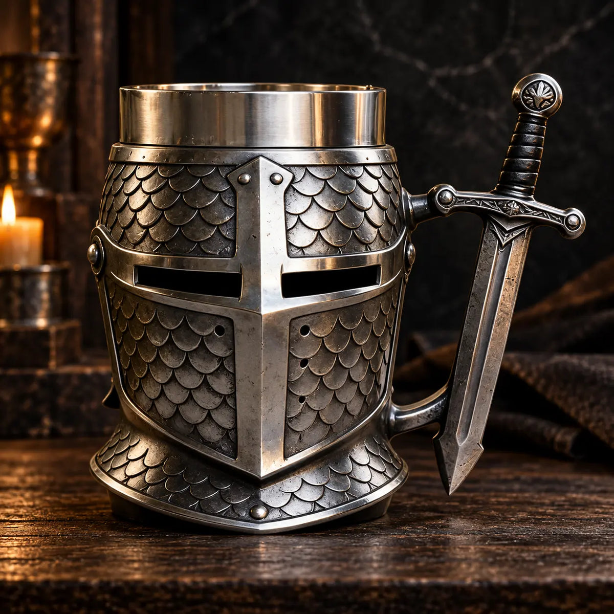 Chope médiévale en forme de casque de chevalier croisé sur fond sombre
