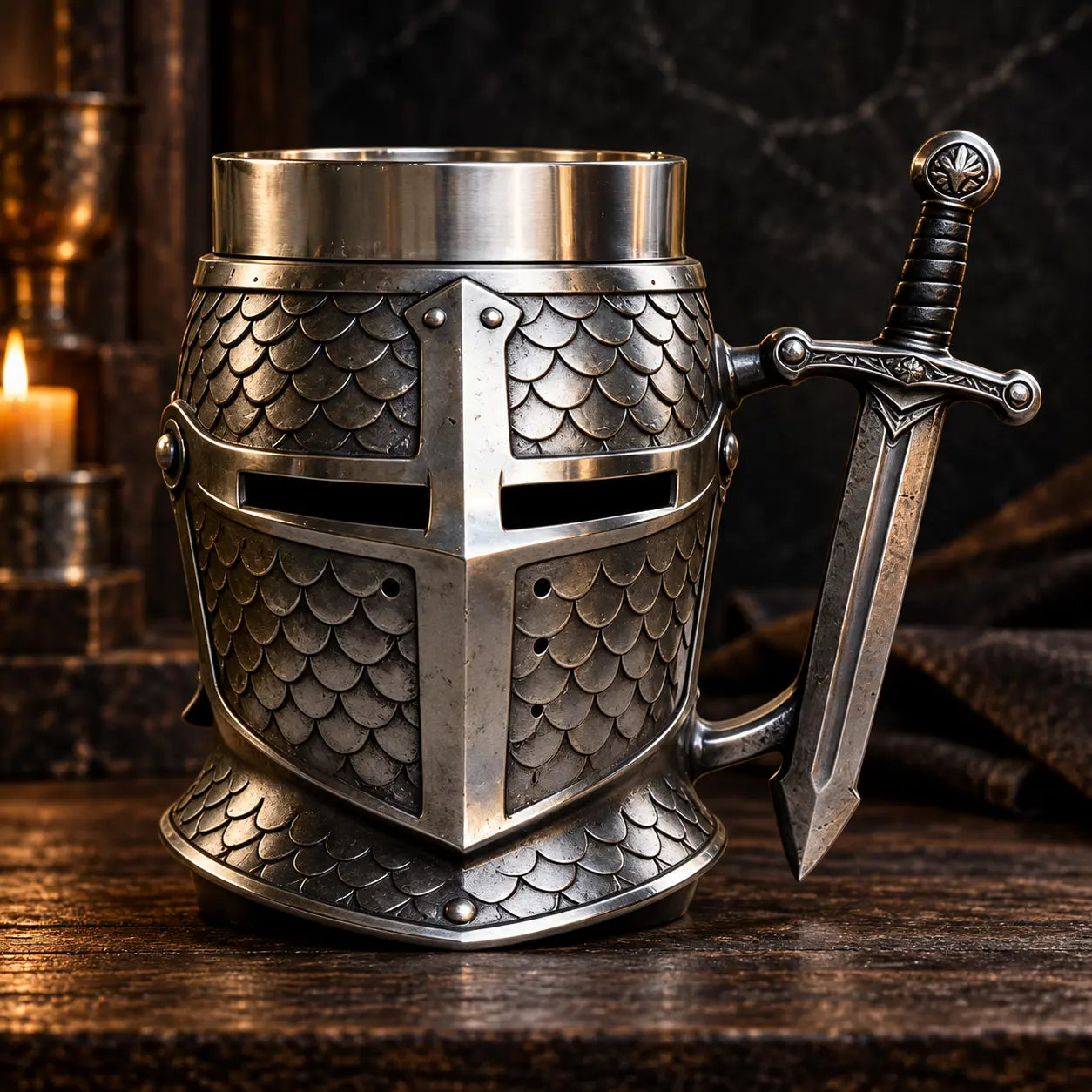 Chope médiévale en forme de casque de chevalier croisé sur fond sombre