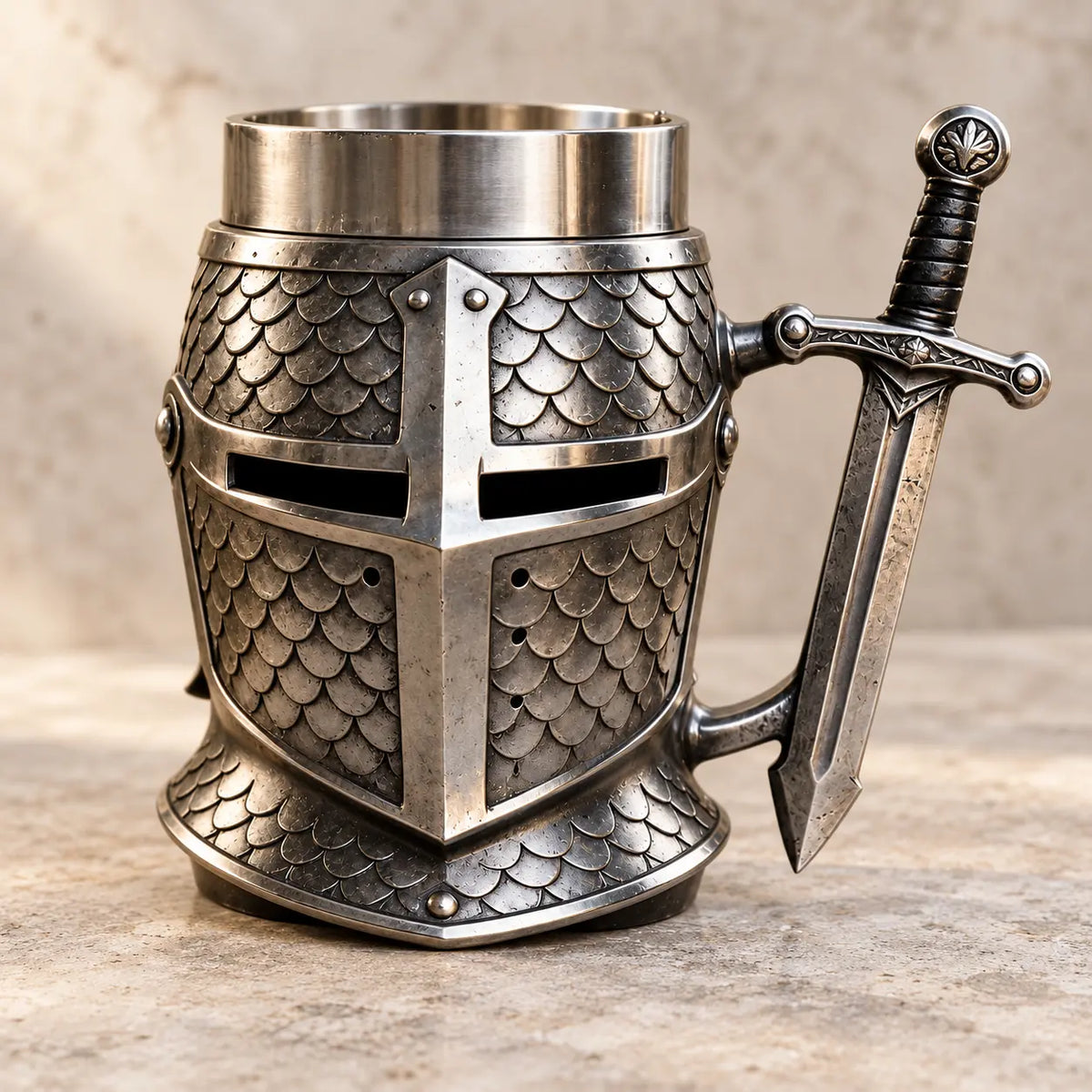 Chope casque de chevalier croisé vue de trois quarts sur fond clair