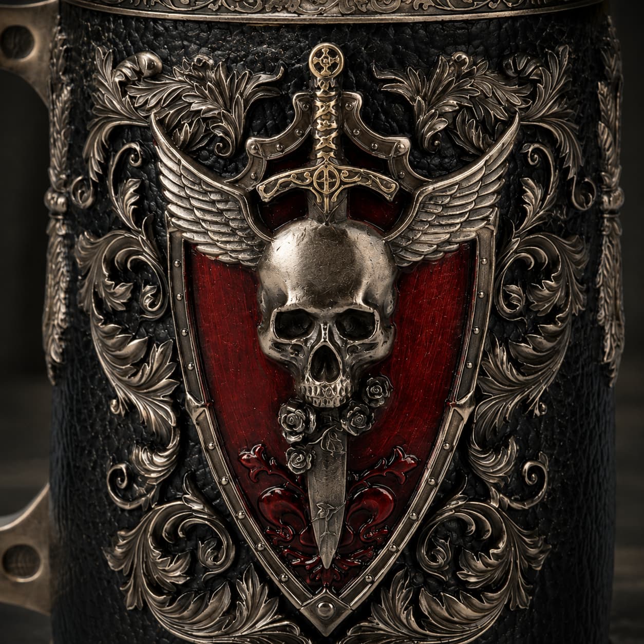 Gros plan sur le motif crâne, bouclier rouge et épée de la Chope de l'Épée Vaillante avec finition métal vieilli.