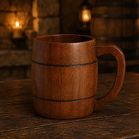 Chope de la Commanderie en bois naturel dans une ambiance de taverne médiévale éclairée à la bougie.