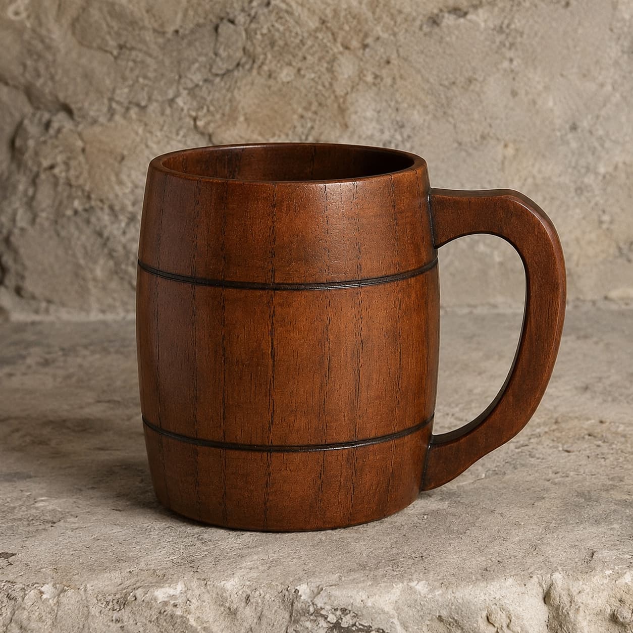 Chope de la Commanderie en bois naturel présentée sur fond de pierre médiévale claire.