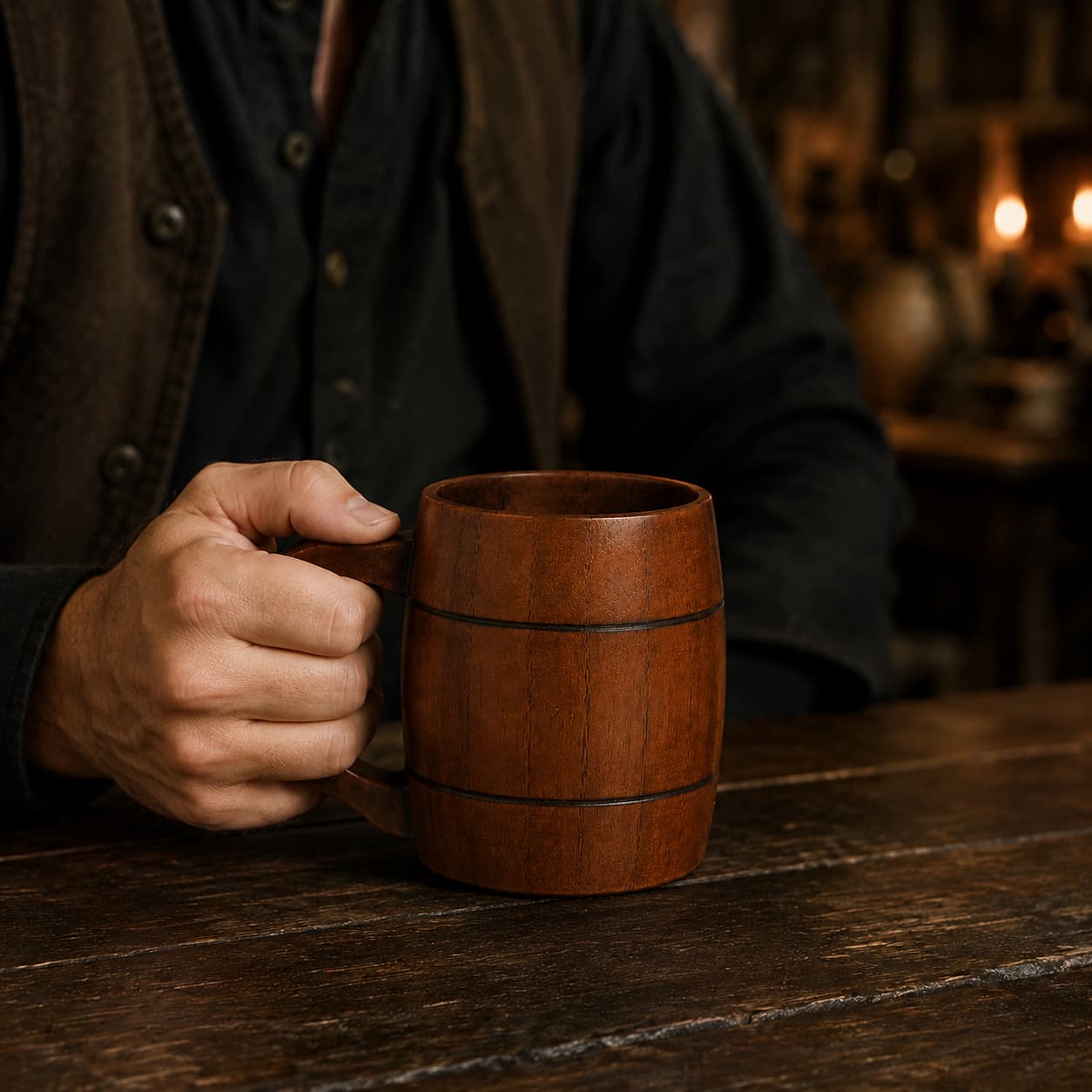 Homme tenant la Chope de la Commanderie en bois naturel dans un décor sombre de taverne médiévale.