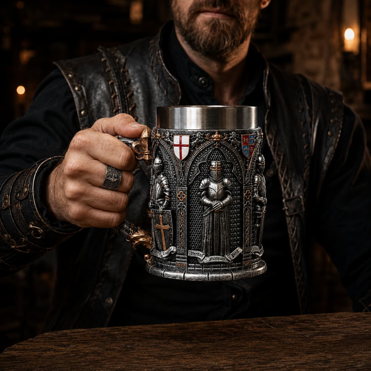 Homme tenant la Chope des Chevaliers Templiers en résine avec intérieur en acier inoxydable dans une taverne médiévale sombre.