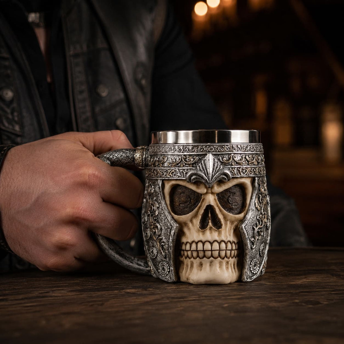 Homme tenant la Chope du Guerrier en résine premium avec intérieur en acier inoxydable dans un décor sombre de taverne médiévale.