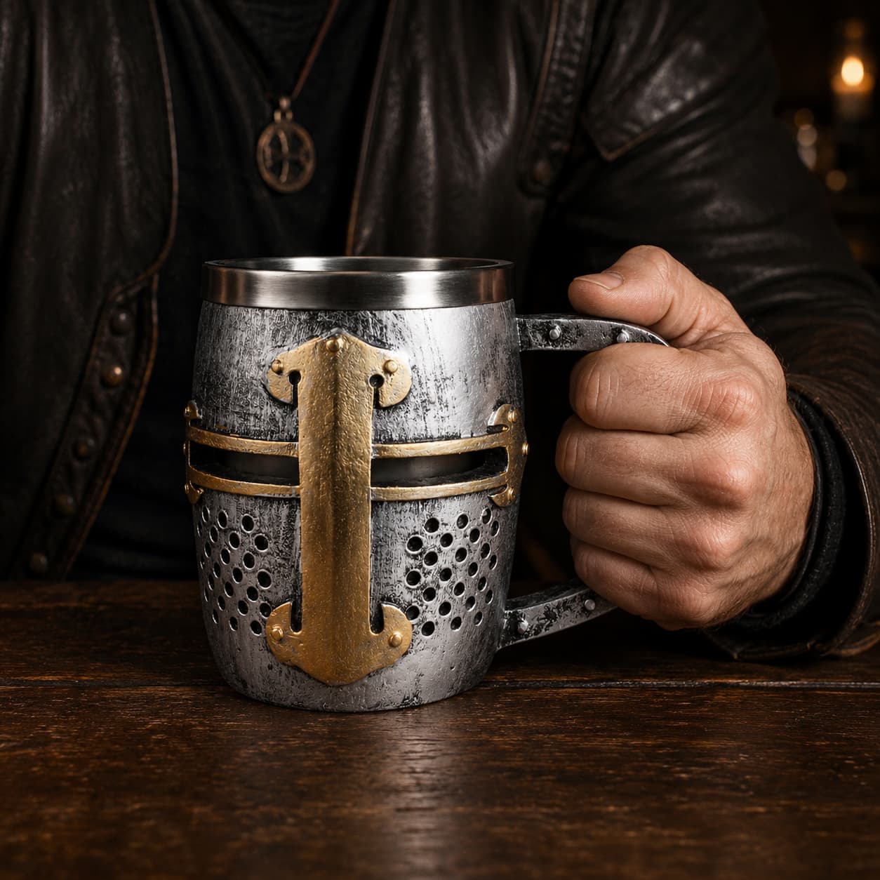 Homme tenant la Chope du Heaume Templier en résine avec intérieur en acier inoxydable dans un décor sombre de taverne médiévale.