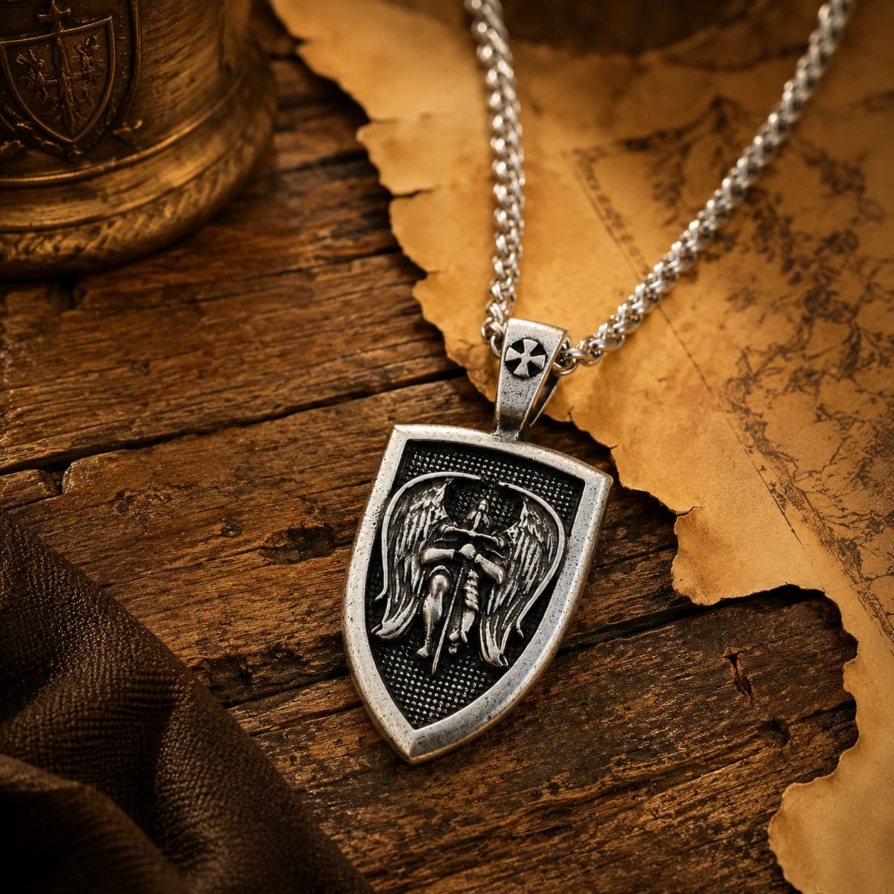 Collier de l’Archange Michel en acier inoxydable dans une ambiance médiévale avec bois ancien et parchemin