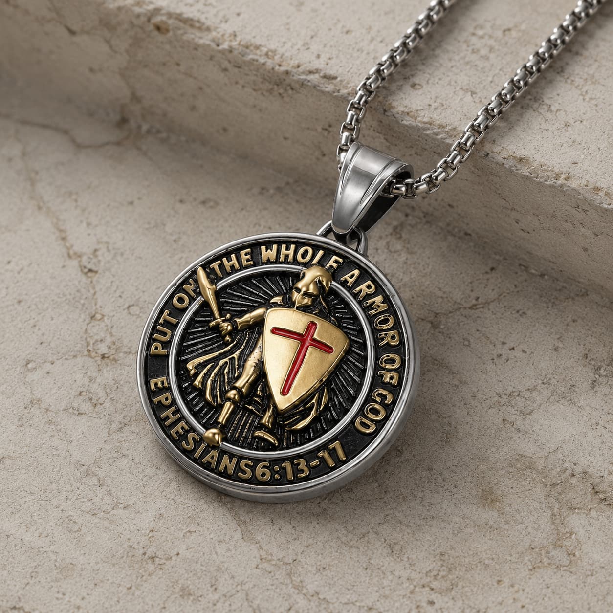 Vue angle du Collier Armure du Templier sur fond pierre médiévale claire